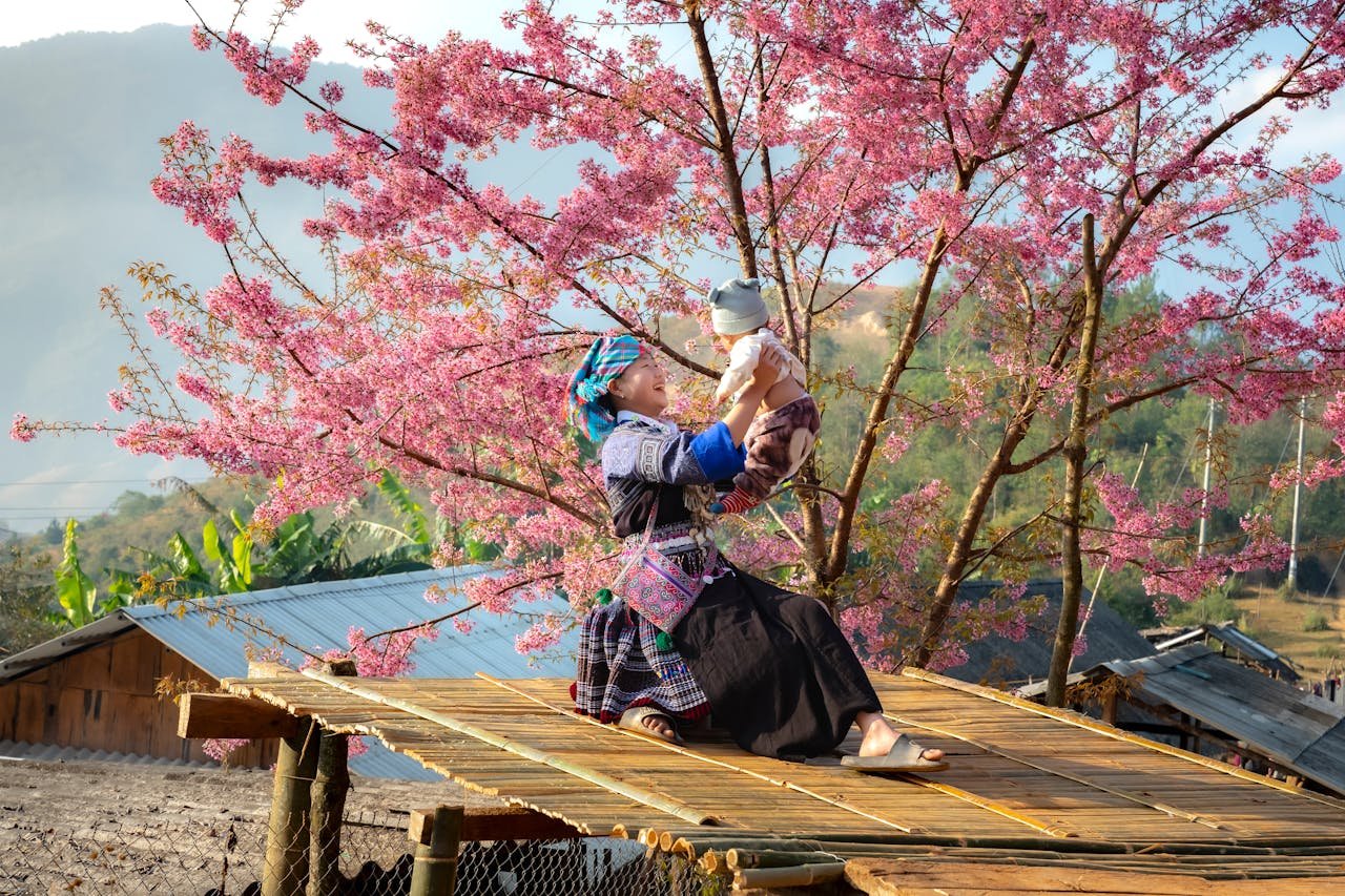 A woman holds her baby under beautiful cherry blossoms in a serene rural setting, showcasing cultural heritage.